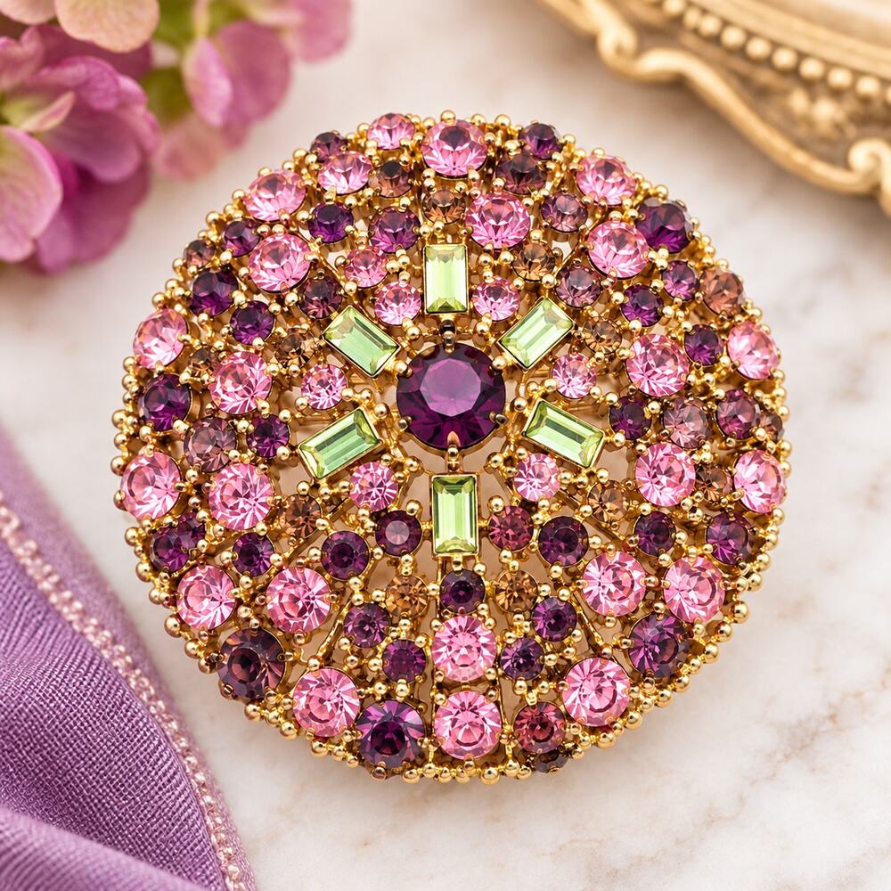 Vintage Rhinestone Dome Brooch Purple Pink Baguette Gold Tone Statement Pin